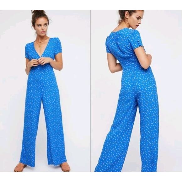 Free People Mia Jumpsuit In Blue Women's Size 10 Wide Leg As Seen On Tv Blogger - Picture 1 of 12